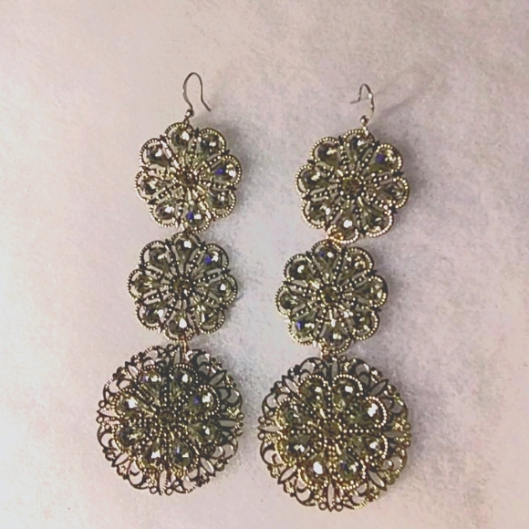 💎Silver Tone & Rhinestone 3 Tier Dangle Earrings - Picture 1 of 2